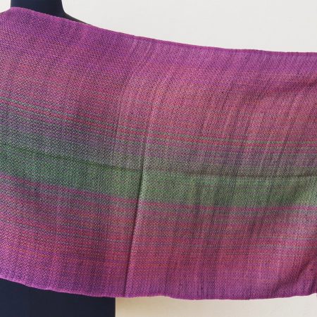Pure merino wool stole in shades of plum with forest green graduated stripe in the middle