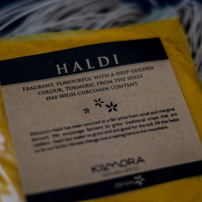 Packet of Kilmora haldi or turmeric with label shown