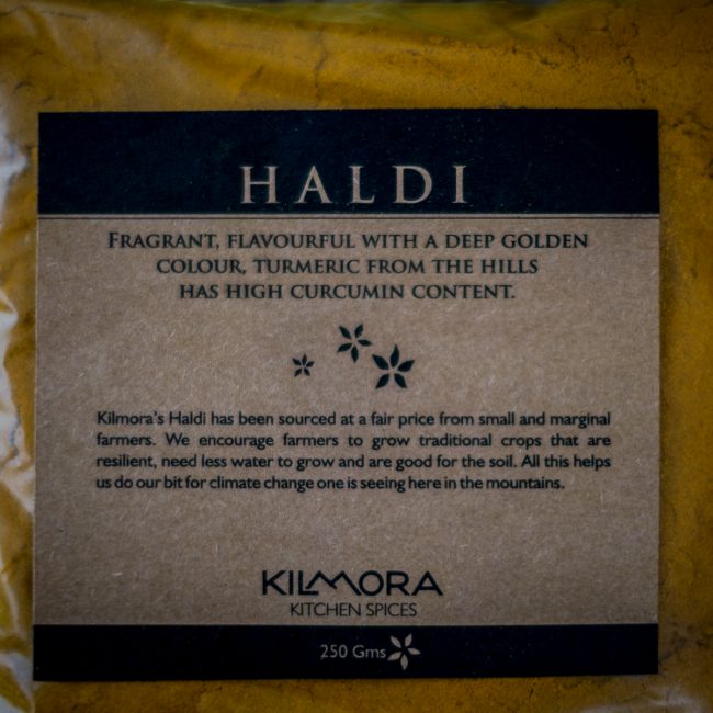 Packet of Kilmora haldi or turmeric with label shown