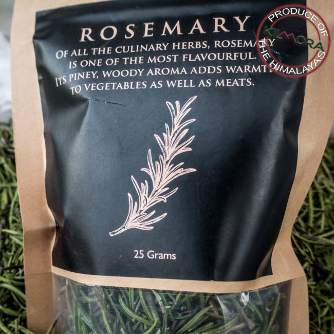 Kraft paper stand up pouch with black label giving information about the herb Rosemary