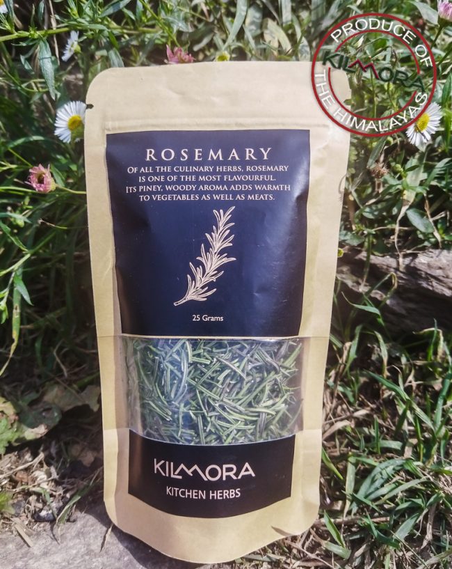 Kraft paper stand up pouch with black label giving information about the herb Rosemary