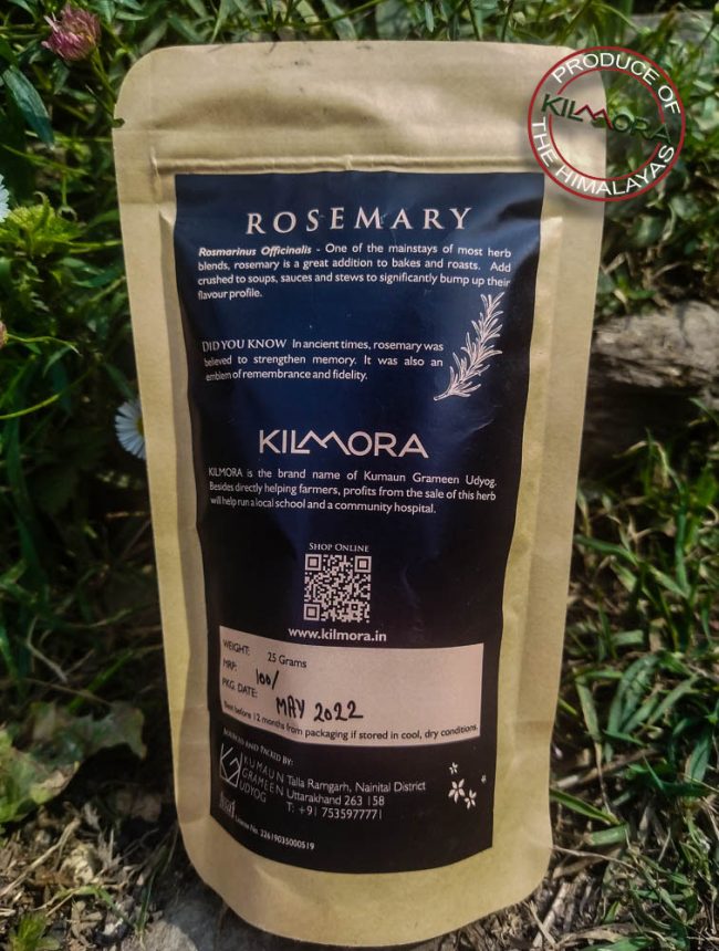 Kraft paper stand up pouch with black label giving information about the herb Rosemary