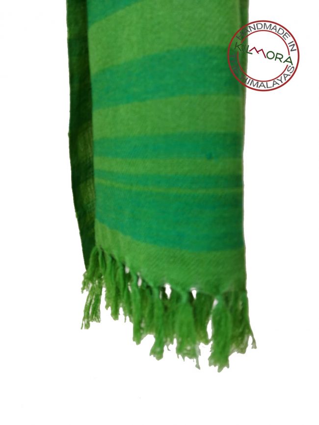 Hand woven woollen stole in shades of parrot green
