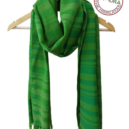 Hand woven woollen stole in shades of parrot green