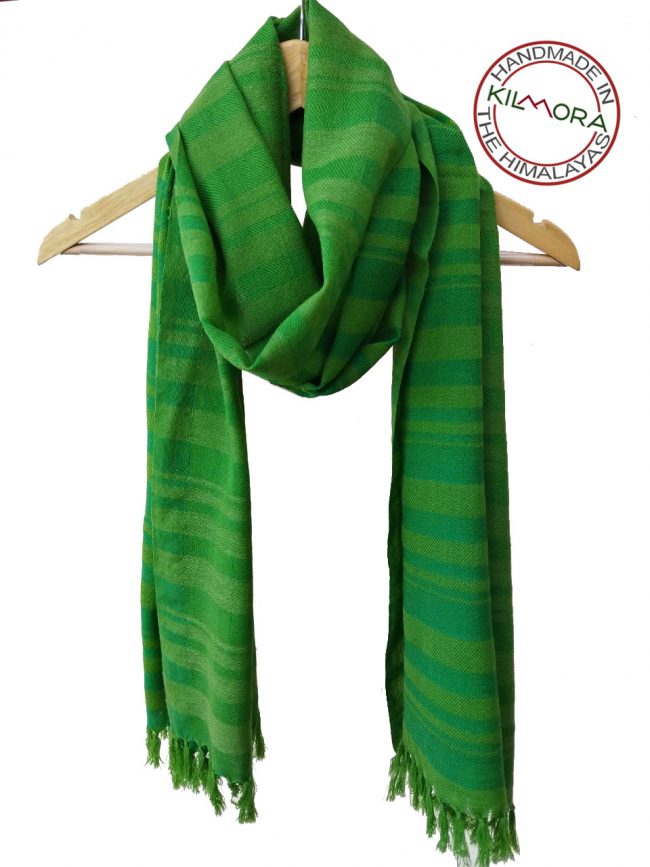 Hand woven woollen stole in shades of parrot green