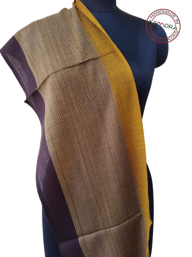 Hand woven woollen scarf in stripes of rust brown, marigold yellow