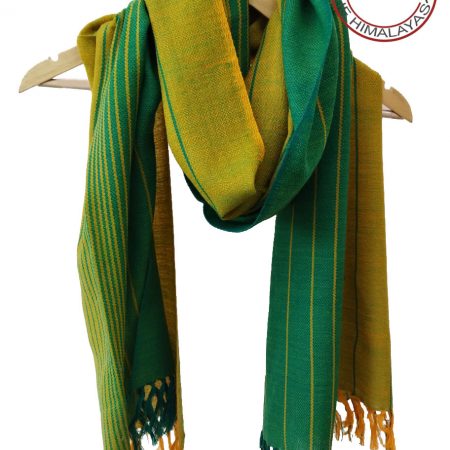 Hand woven woollen stole with stripes of pine green and mustard yellow