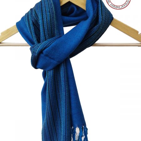 Hand-woven pure merino wool scarf in royal blue inset with stripes of indigo and peacock blue