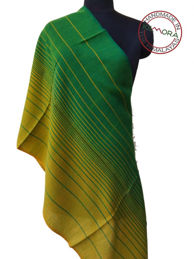 Hand woven woollen stole with stripes of pine green and mustard yellow