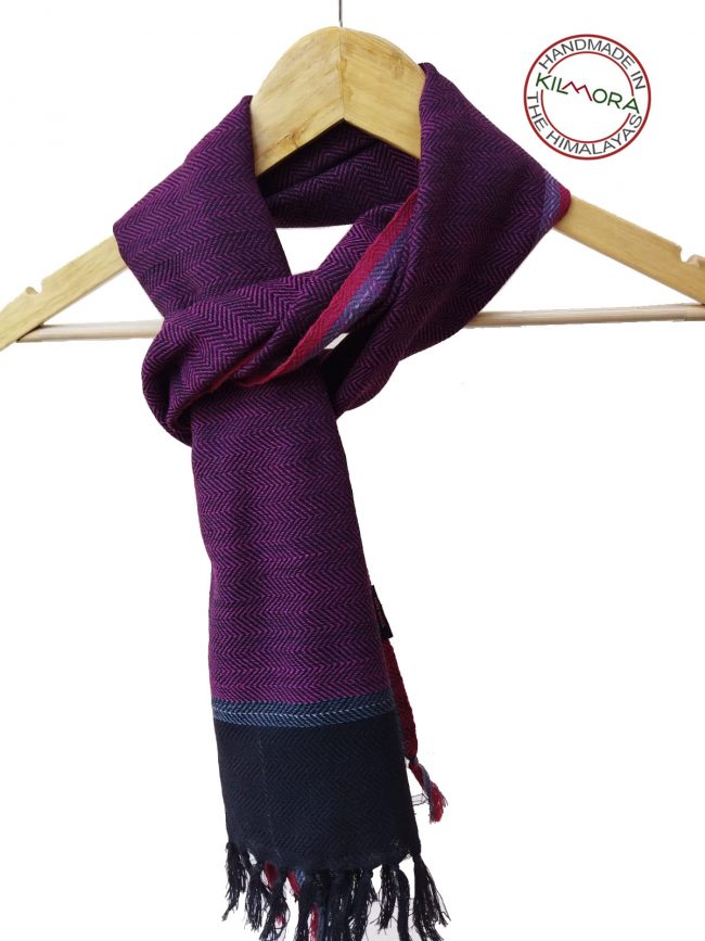 Hand-woven pure merino wool scarf in grape with a thin edging of lavender and cerise