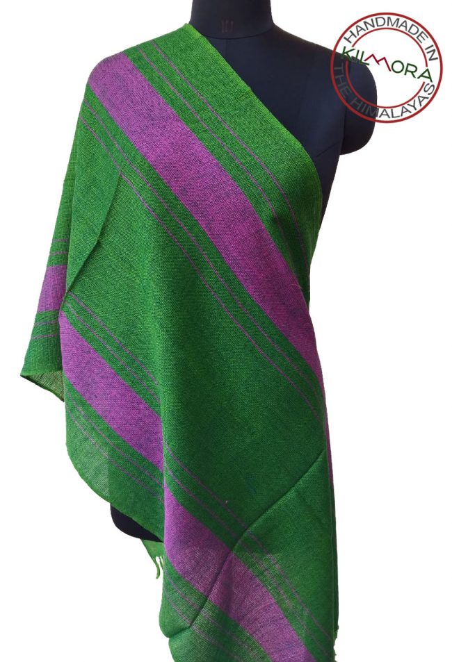 Hand woven woollen stole with stripes of parrot green and fuchsia