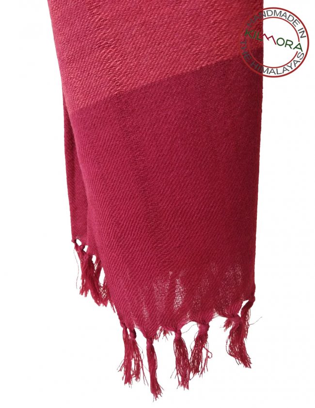 Hand-woven merino wool stole in cerise with a border of mustard, blush and raspberry pink