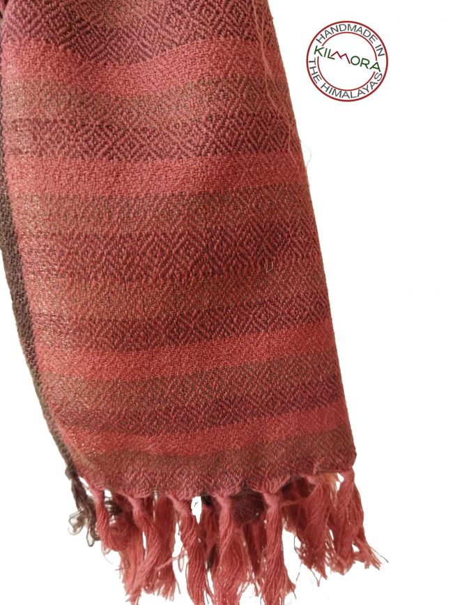 Hand-woven pure merino wool scarf in stripes of rhubarb red, wine red and salmon pink