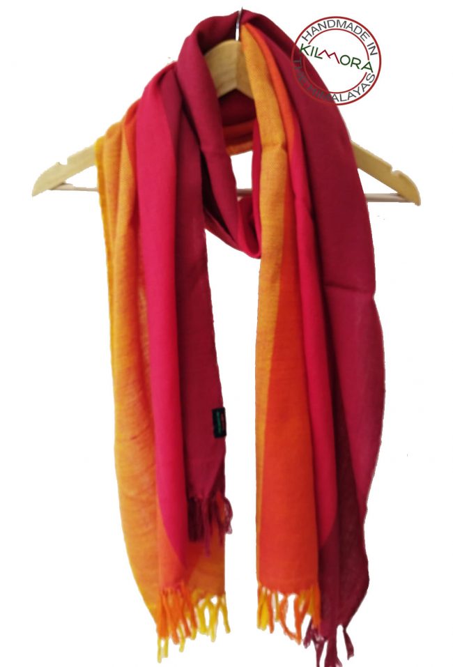 Pure merino wool hand-woven stole with wide stripes of marigold yellow, apricot orange, carmine and burgundy