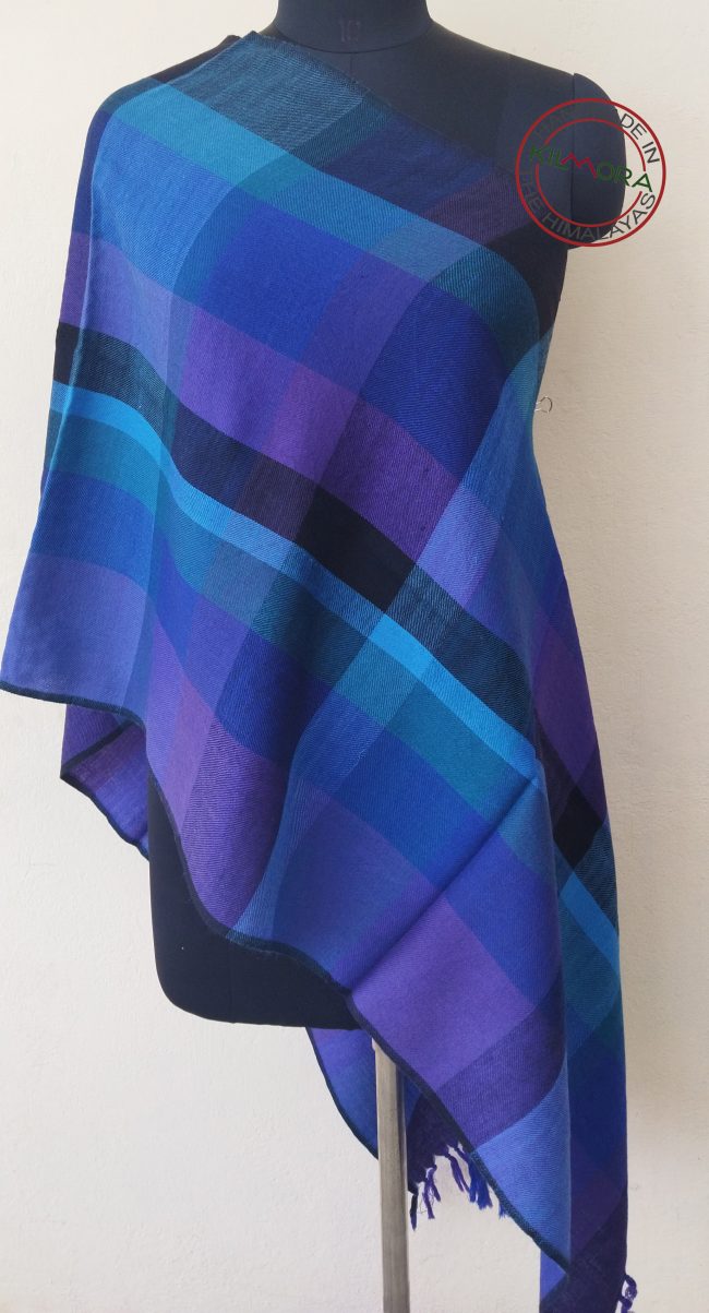 Bright checked merino wool stole in shades of indigo, royal blue, periwinkle, purple, steel gray, cobalt and more.
