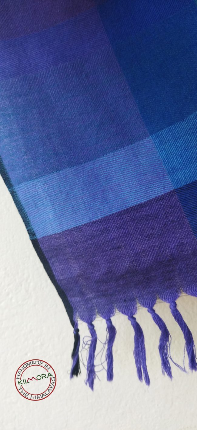 Bright checked merino wool stole in shades of indigo, royal blue, periwinkle, purple, steel gray, cobalt and more.