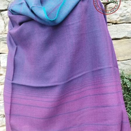 Handwoven women's woollen shawl from Kilmora in horizontal stripes of winter evening skies in the hills. Ranging from a deep cobalt to purple.