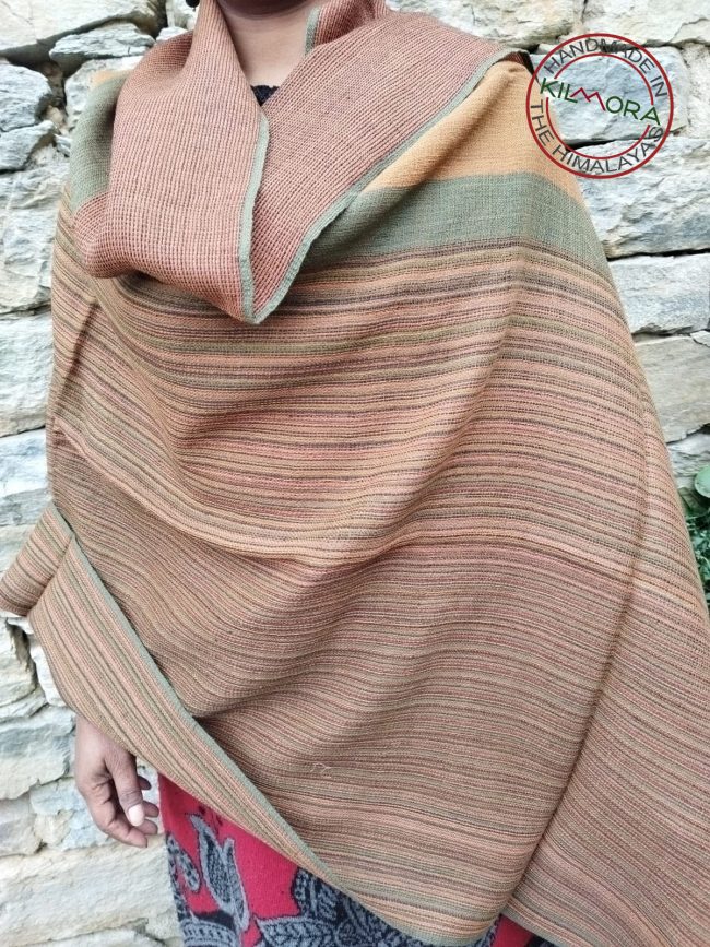 Celebrate the Earth with this shawl. With horizontal stripes ranging from moss green to amber and honey