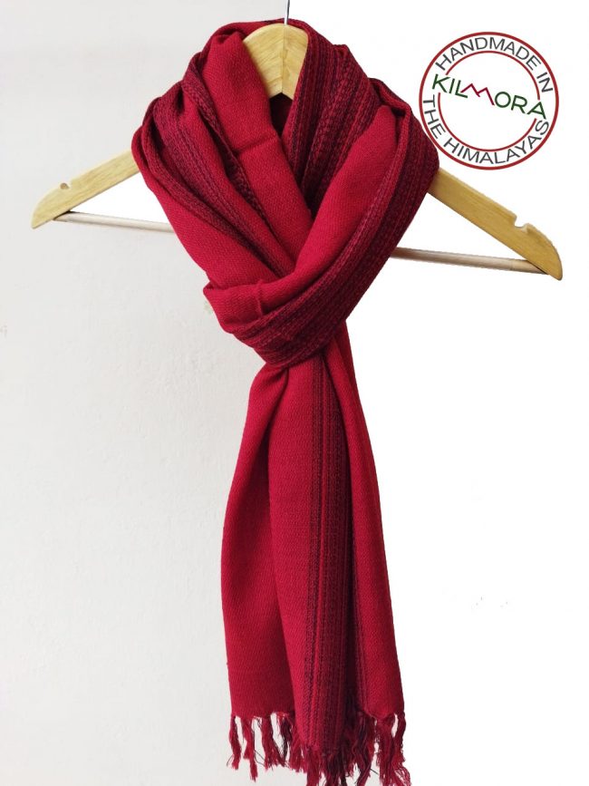Pure merino wool hand-woven stole in crimson with wide spaced mahogany stripes