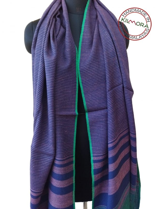 Handwoven women's woollen shawl from Kilmora in vertical pin stripes of navy and lilac with a teal border and edging.