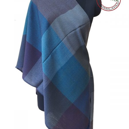 Pure merino wool hand-woven stole in bold checks of steel gram, smokey gray, silver, turquoise, eggplant and periwinkle blues