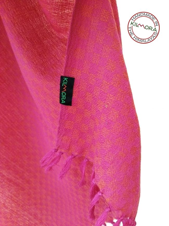 Pure merino wool hand-woven hot pink stole with textured self checks