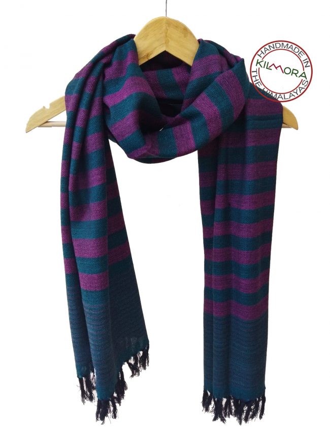 Pure merino wool hand-woven stole with horizontal stripes in prussian blue and purple.
