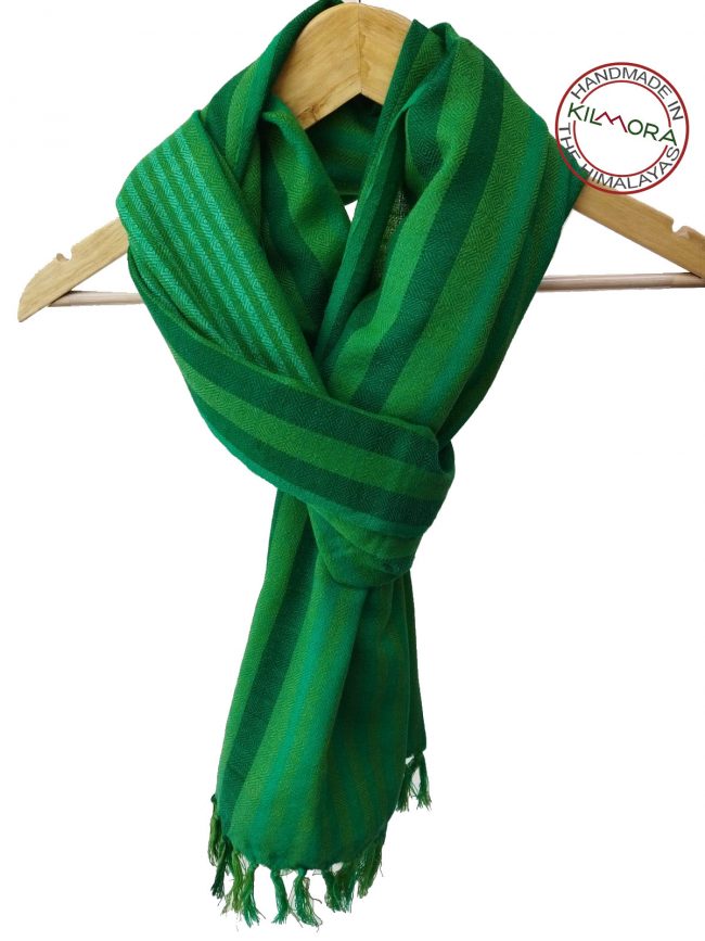 Pure merino wool hand-woven stole in graduated stripes of bottle green, jade and emerald