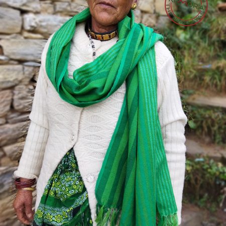Pure merino wool hand-woven stole in graduated stripes of bottle green, jade and emerald