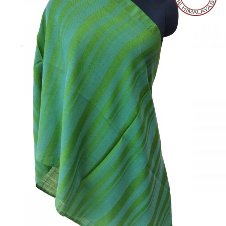 Pure merino wool hand-woven stole in jade with bold horizontal stripes of neon green