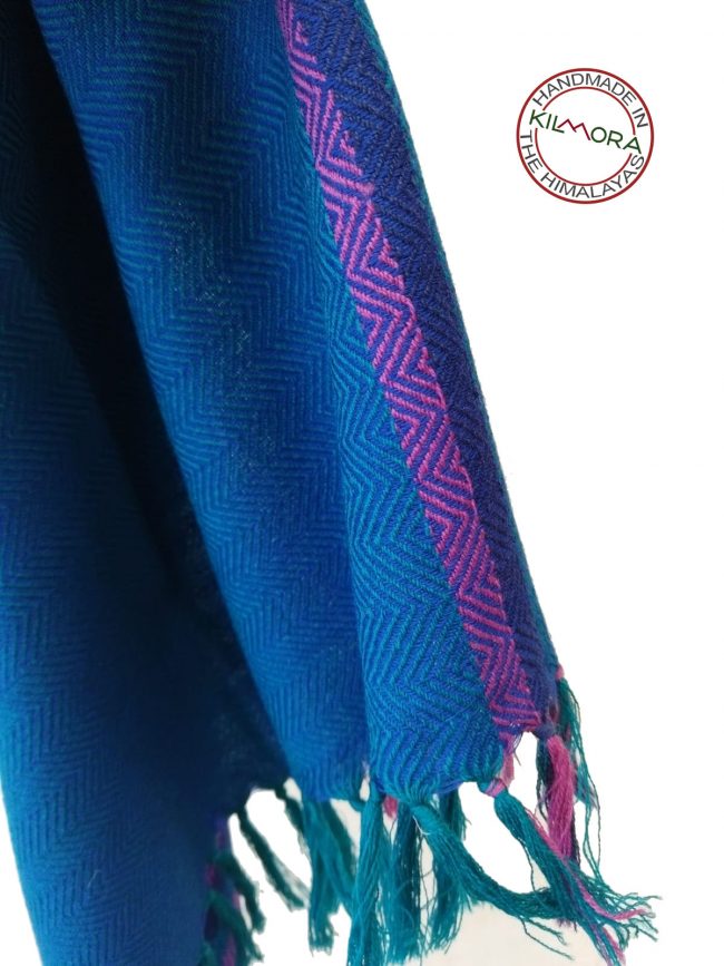 Pure merino wool hand-woven cobalt blue stole with a border of indigo and purple