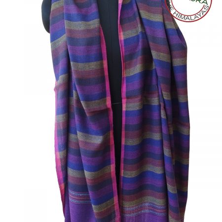 Handwoven women's woollen shawl from Kilmora in vertical stripes of steel grey, indigo, navy, indigo with an edging of rose pink.