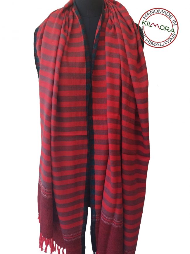 Handwoven women's woollen shawl from Kilmora in bold vertical stripes of mahogany and current with a black edging.