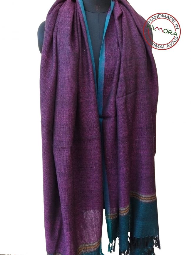 Handwoven women's woollen double shaded shawl from Kilmora in shades of plum and turquoise, with an edging of turquoise