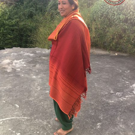 Handwoven women's woollen shawl from Kilmora in deep yellow to reds, an ombre palette of the sunset skies