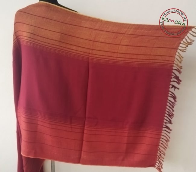 Handwoven women's woollen shawl from Kilmora in deep yellow to reds, an ombre palette of the sunset skies