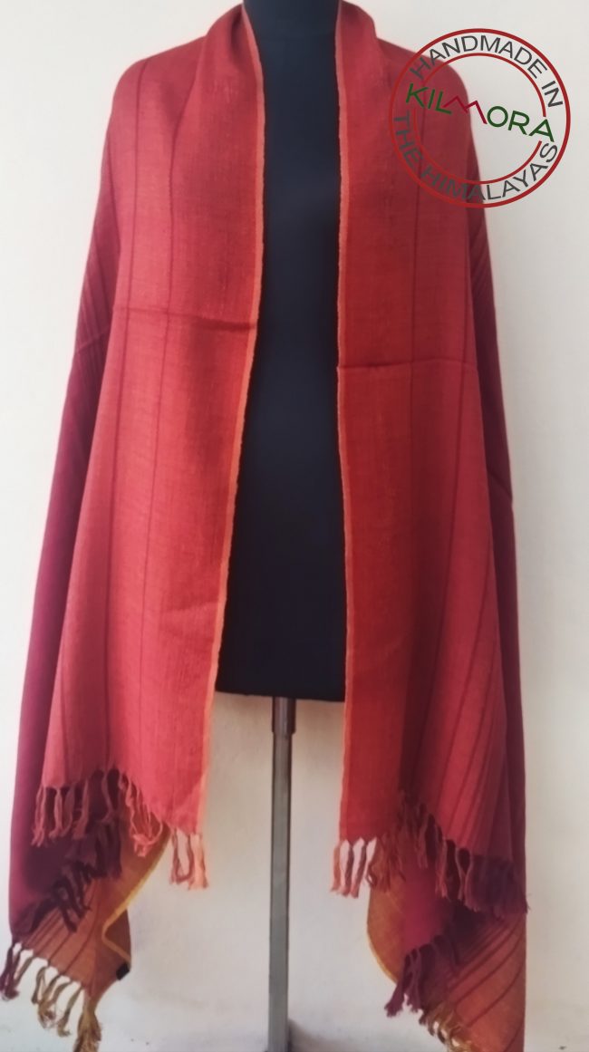 Handwoven women's woollen shawl from Kilmora in deep yellow to reds, an ombre palette of the sunset skies
