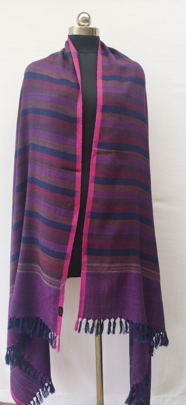Pure merino wool shawl from Kilmora in bold vertical stripes of indigo, rust, brown and maroon