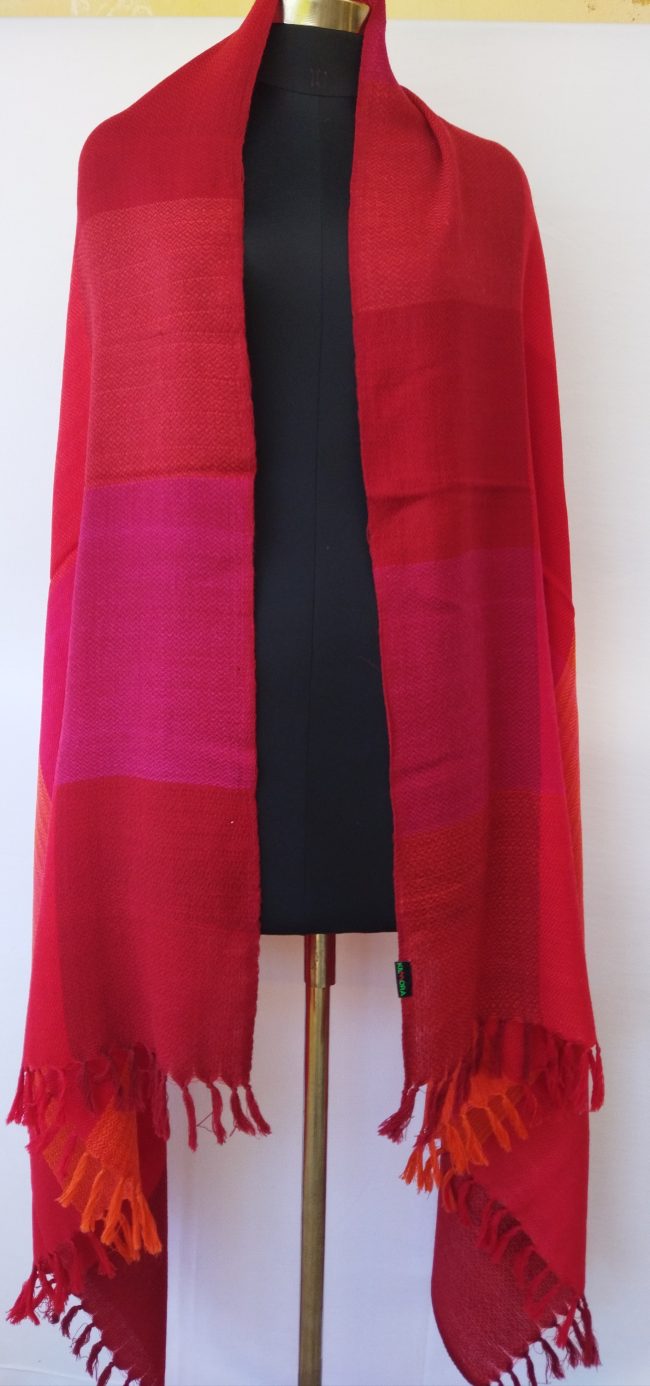 Handwoven pure merino wool shawl from Kilmora in bold checks of car m int, ruby red, burgundy, deep rouge.
