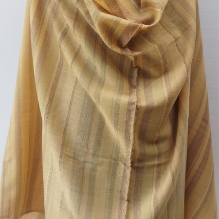 Handwoven pure merino wool shawl from Kilmora in mellow yellow with varied vertical stripes of carmine, pistachio and sage.