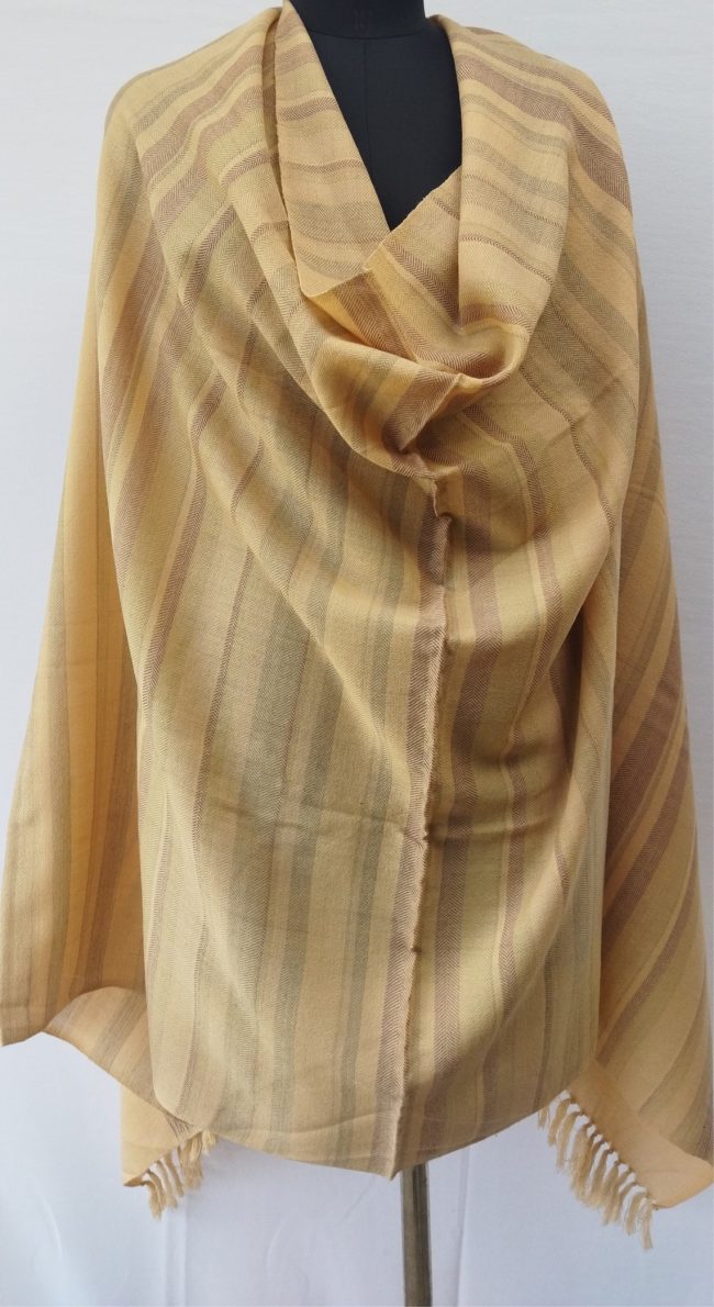 Handwoven pure merino wool shawl from Kilmora in mellow yellow with varied vertical stripes of carmine, pistachio and sage.