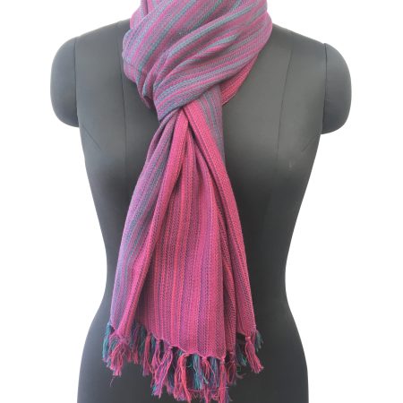 Merino wool stole in two bold horizontal stripes of magenta and eggplant. With thin stripes of azure running through