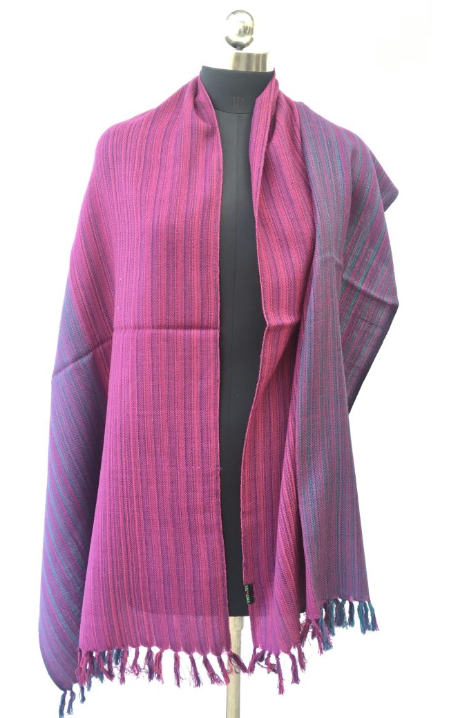 Merino wool stole in two bold horizontal stripes of magenta and eggplant. With thin stripes of azure running through
