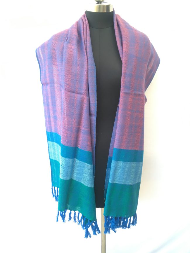 Double shaded merino wool stole from Kilmora. In eggplant and azure with a bold border of teal, and azure