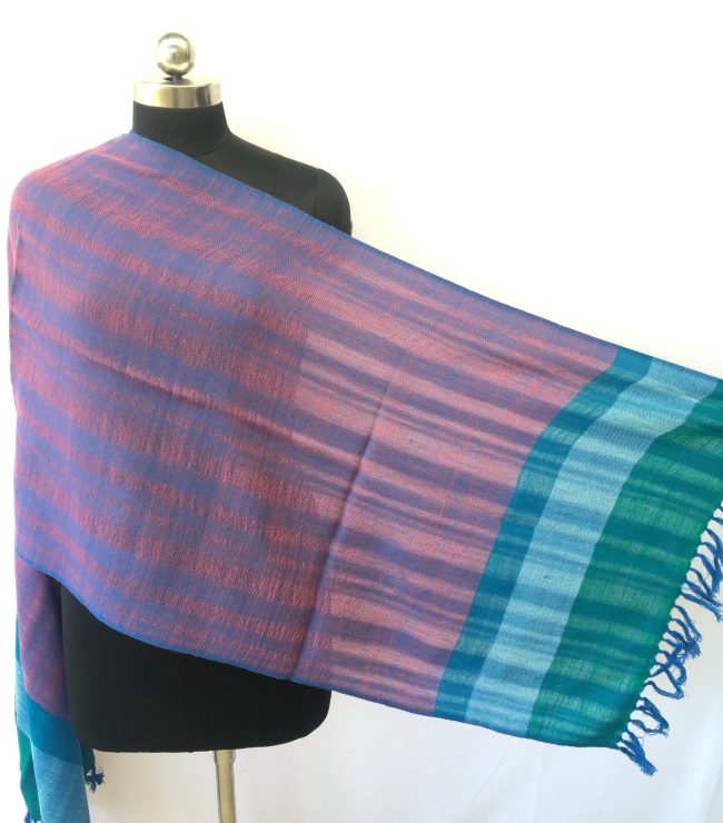 Double shaded merino wool stole from Kilmora. In eggplant and azure with a bold border of teal, and azure