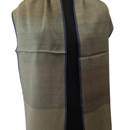 Pure merino wool scarf from Kilmora with broad horizontal borders in shades of olive, khaki, moss with a thin stripe of Prussian blue