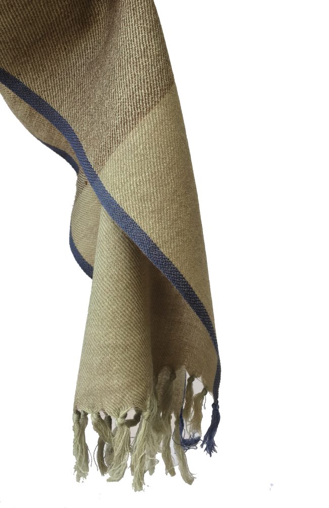 Pure merino wool scarf from Kilmora with broad horizontal borders in shades of olive, khaki, moss with a thin stripe of Prussian blue