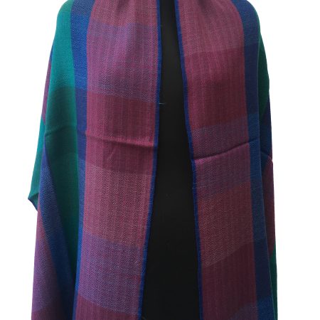 Pure merino wool stole in vertical striped pattern of sea green, ruby pink and navy blue