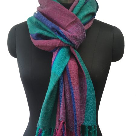 Pure merino wool stole in vertical striped pattern of sea green, ruby pink and navy blue