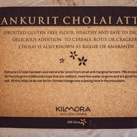 Label saying Ankurit Cholai Atta or Sprouted Amaranth Flour